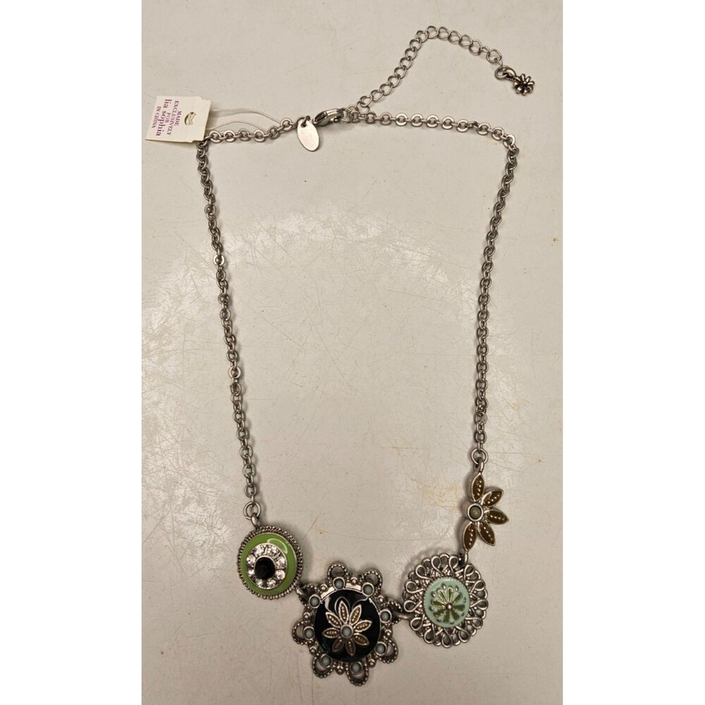 lia sophia Botanica 16" Silver Tone Cut Crystal Enamel Floral Leaf Necklace NWT